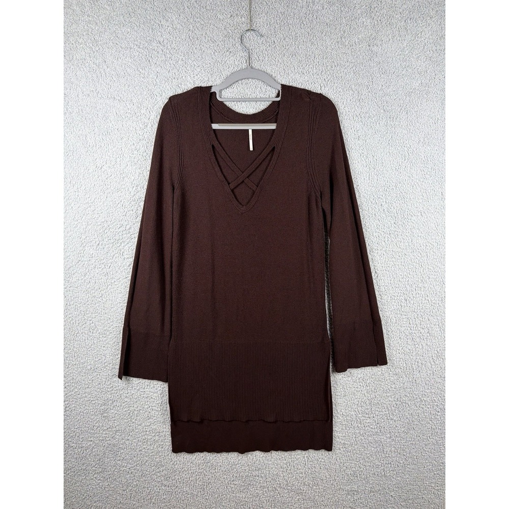 Free People Linen Blend Tunic Criss Cross Knit Sweater Top L Side Slits Maroon